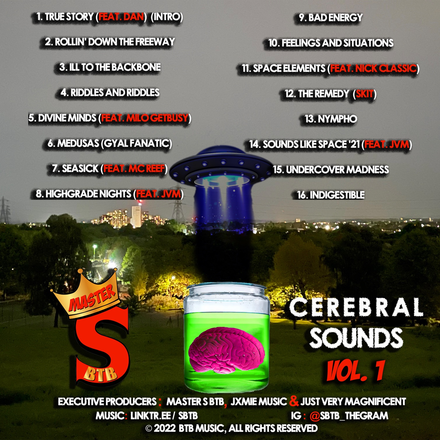 Cerebral Sounds Vol. 1 official back cover and sixteen-track running order